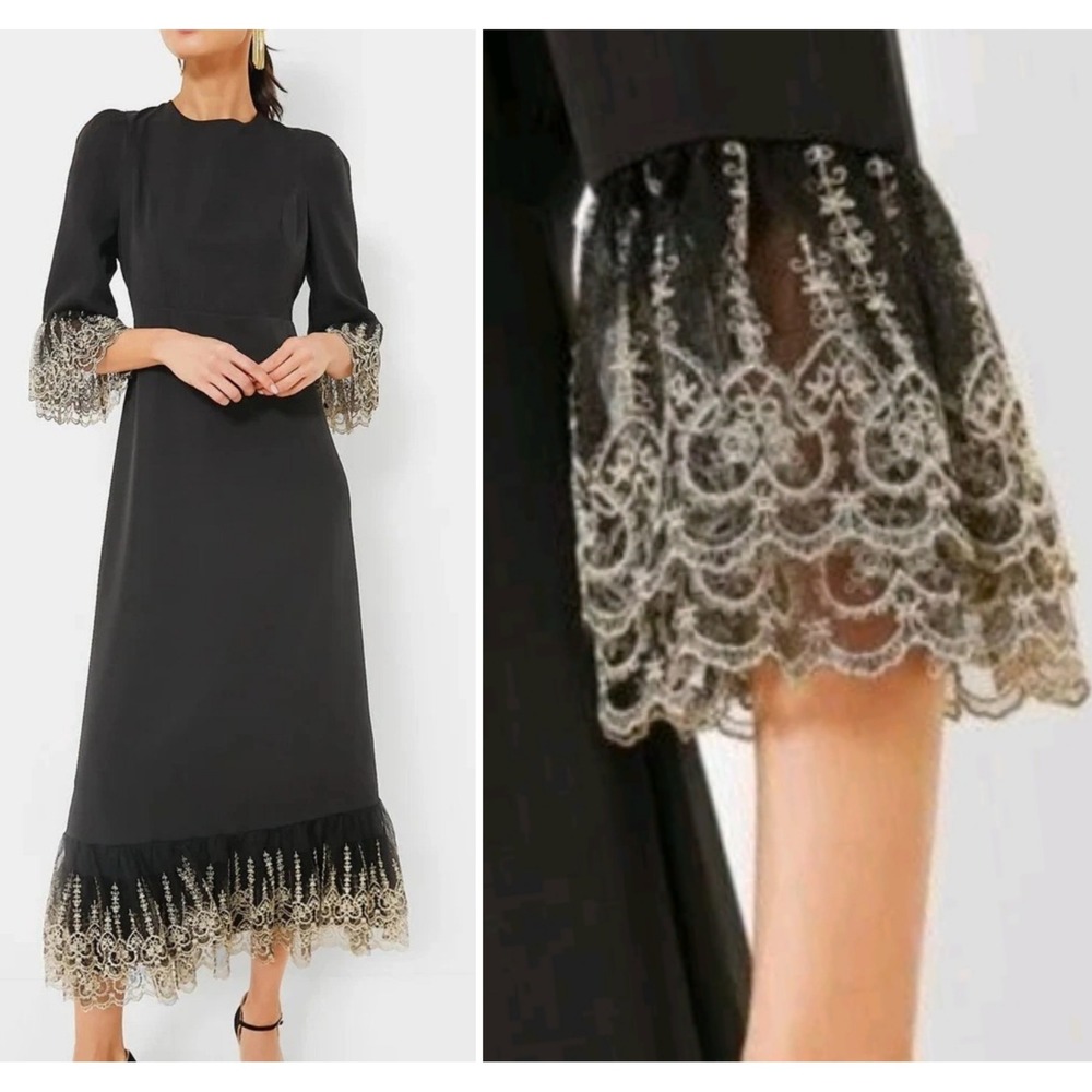 Pomander Place Midi Dress Black Gold Lace Embroidered Puff Sleeve NWT WMS LG